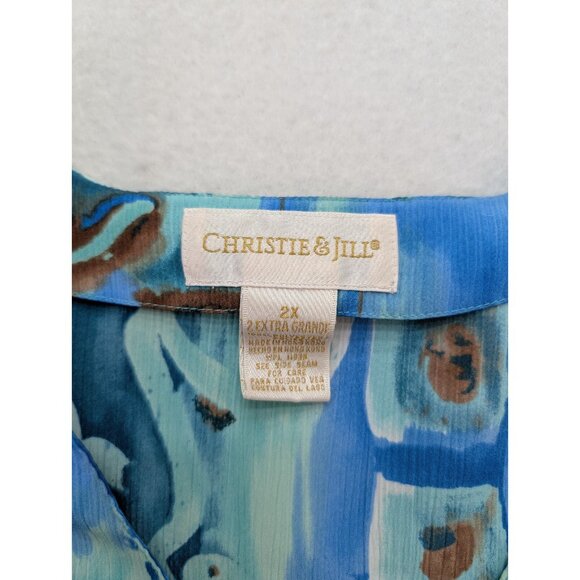 Christie & Jill Women's Top Size 2X Blue Print Short Sleeve Button-up Tunic - Picture 5 of 14